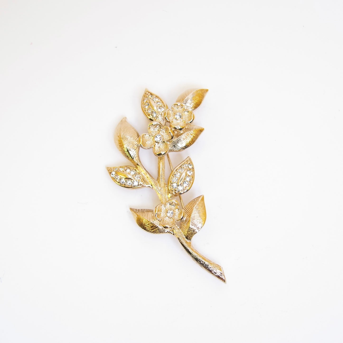 Christian Dior Vintage Flower Motif and Rhinestone Golden Brooch