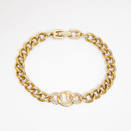 Givenchy Vintage G Logo and Rhinestone Golden Chain Bracelet