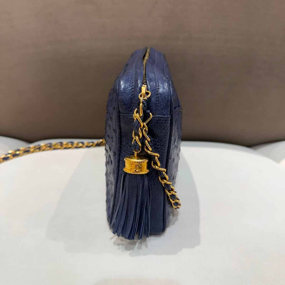 Chanel Vintage Navy Ostrich Fringe Chain Shoulder Bag