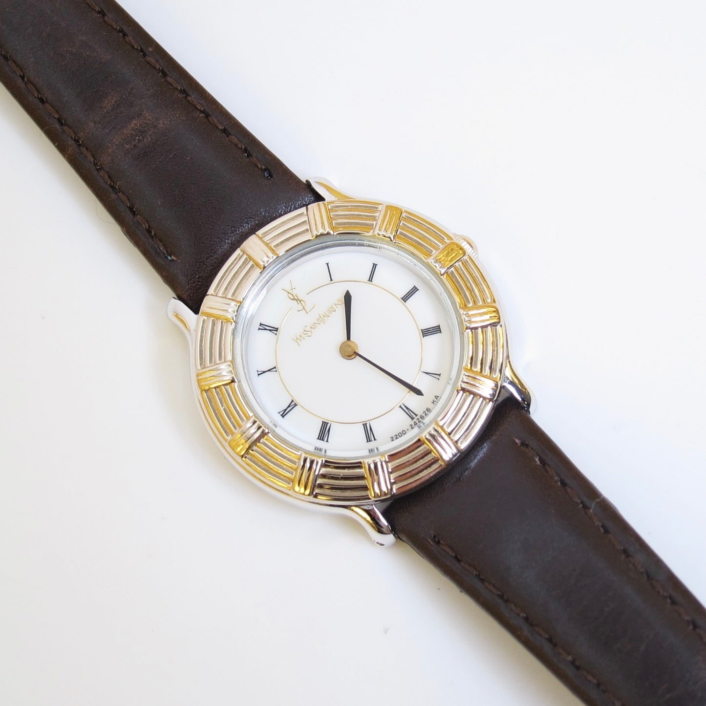 Yves Saint Laurent Vintage Round White Face with Black Leather Strap Two Tone Watch
