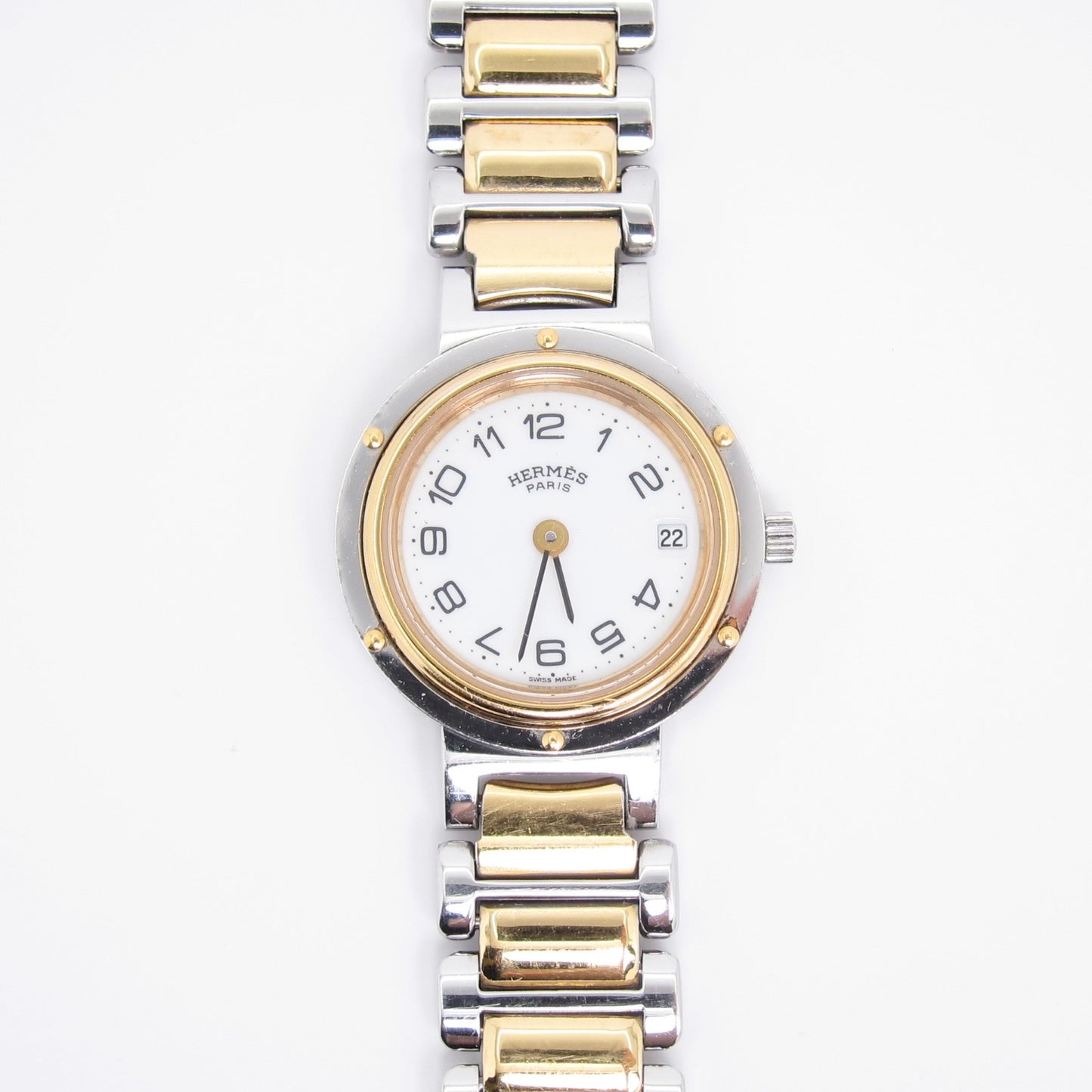 Hermes Vintage Clipper White Face with Date Two Tone Watch