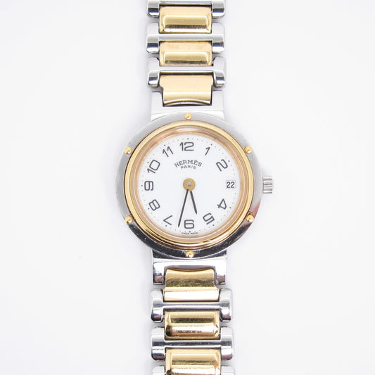 Hermes Vintage Clipper White Face with Date Two Tone Watch