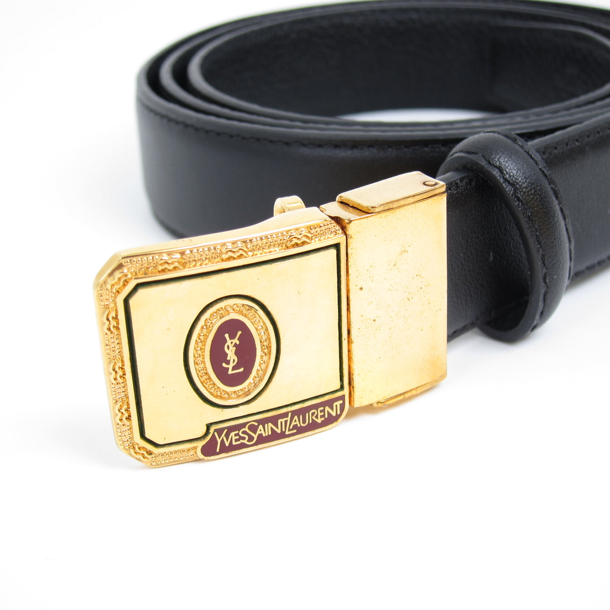 Yves Saint Laurent Vintage Ysl Logo Golden Buckle Black Leather Belt