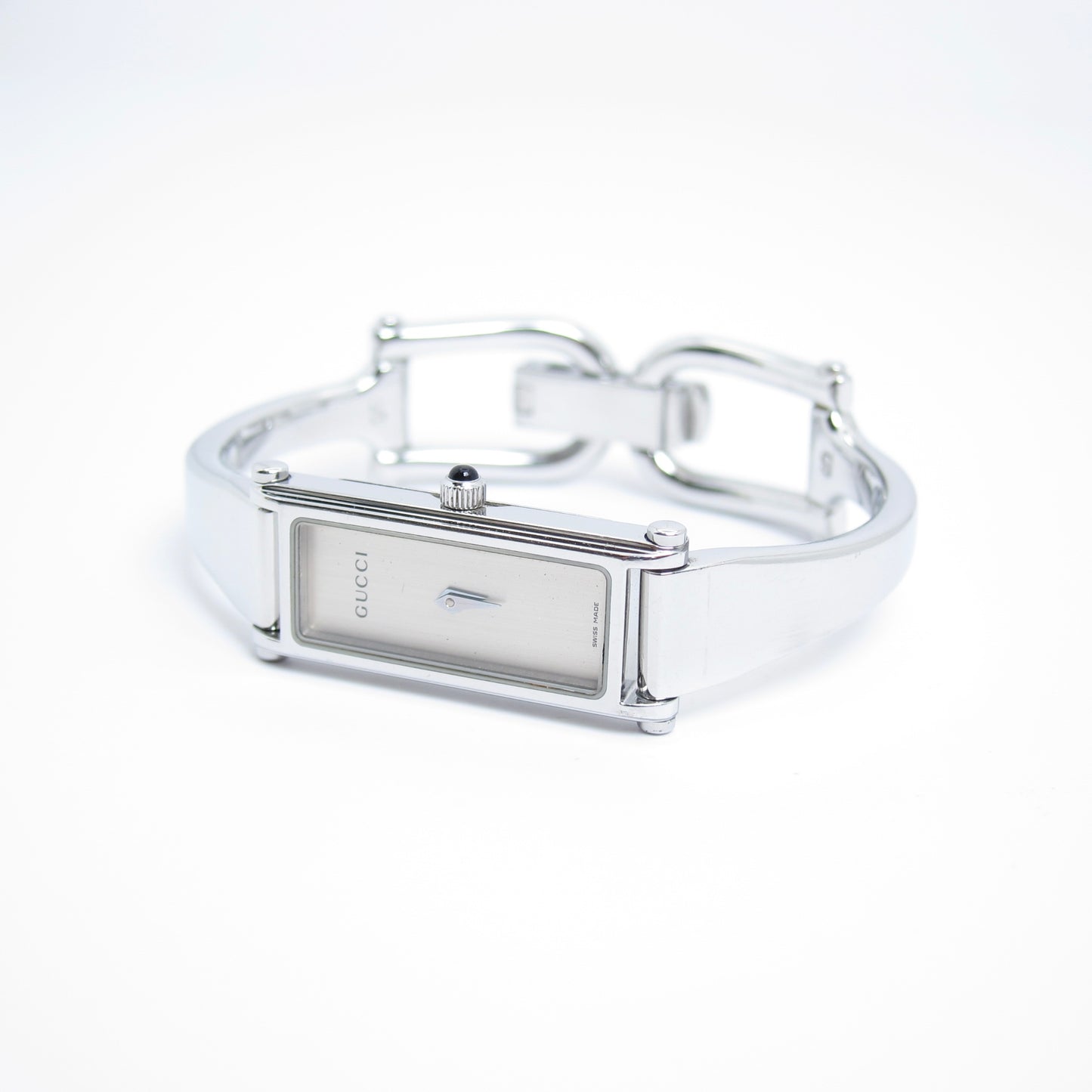 Gucci Vintage Rectangle White Face Silver Bangle Watch