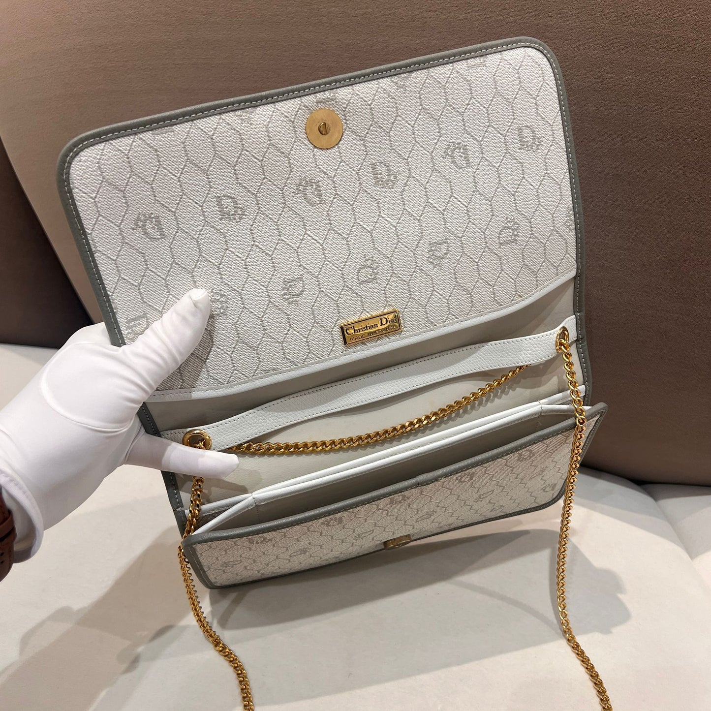 Christian Dior Vintage Grey Honeycomb Monogram Chain Shoulder Bag