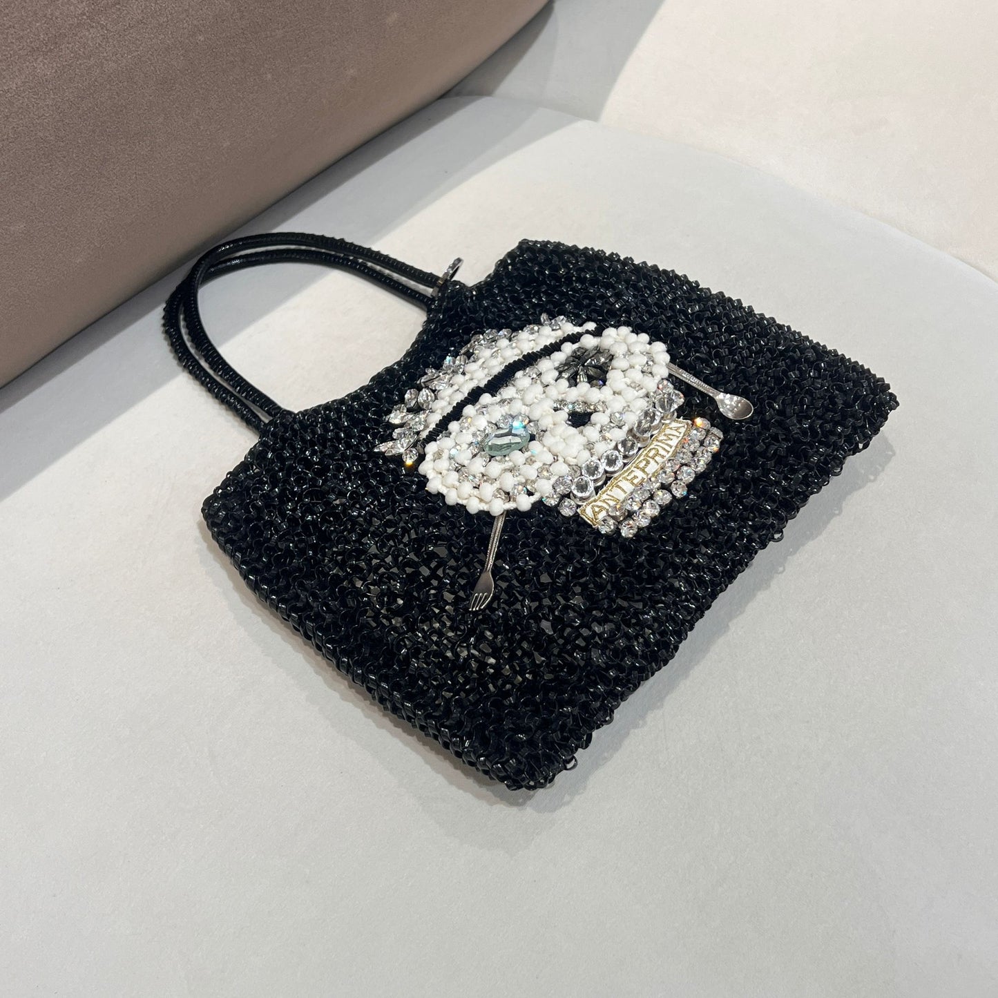 Anteprima Vintage Black Wire Crystal Skull Motif Handbag