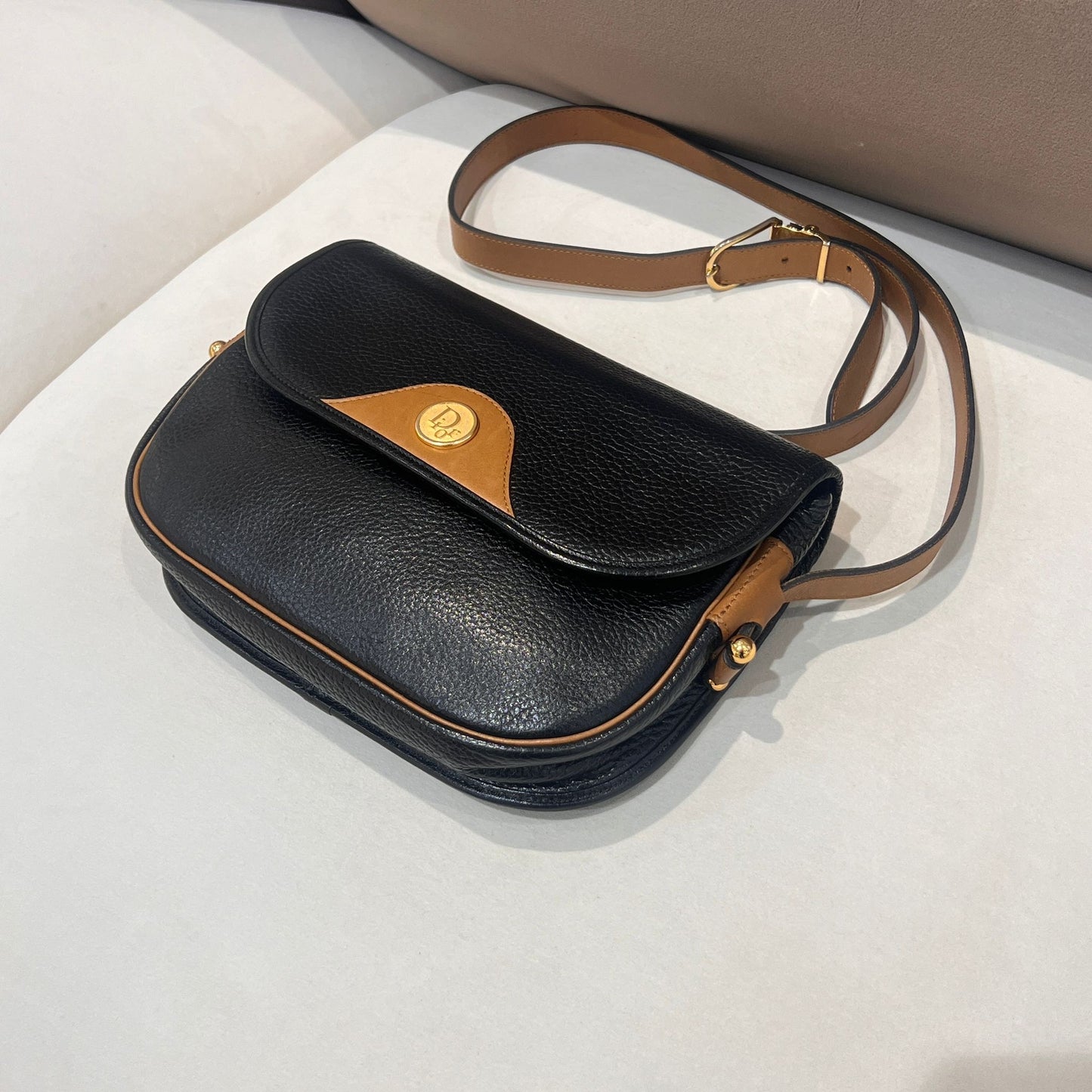 Christian Dior Vintage Black Grained Leather Logo Flap Shoulder Bag