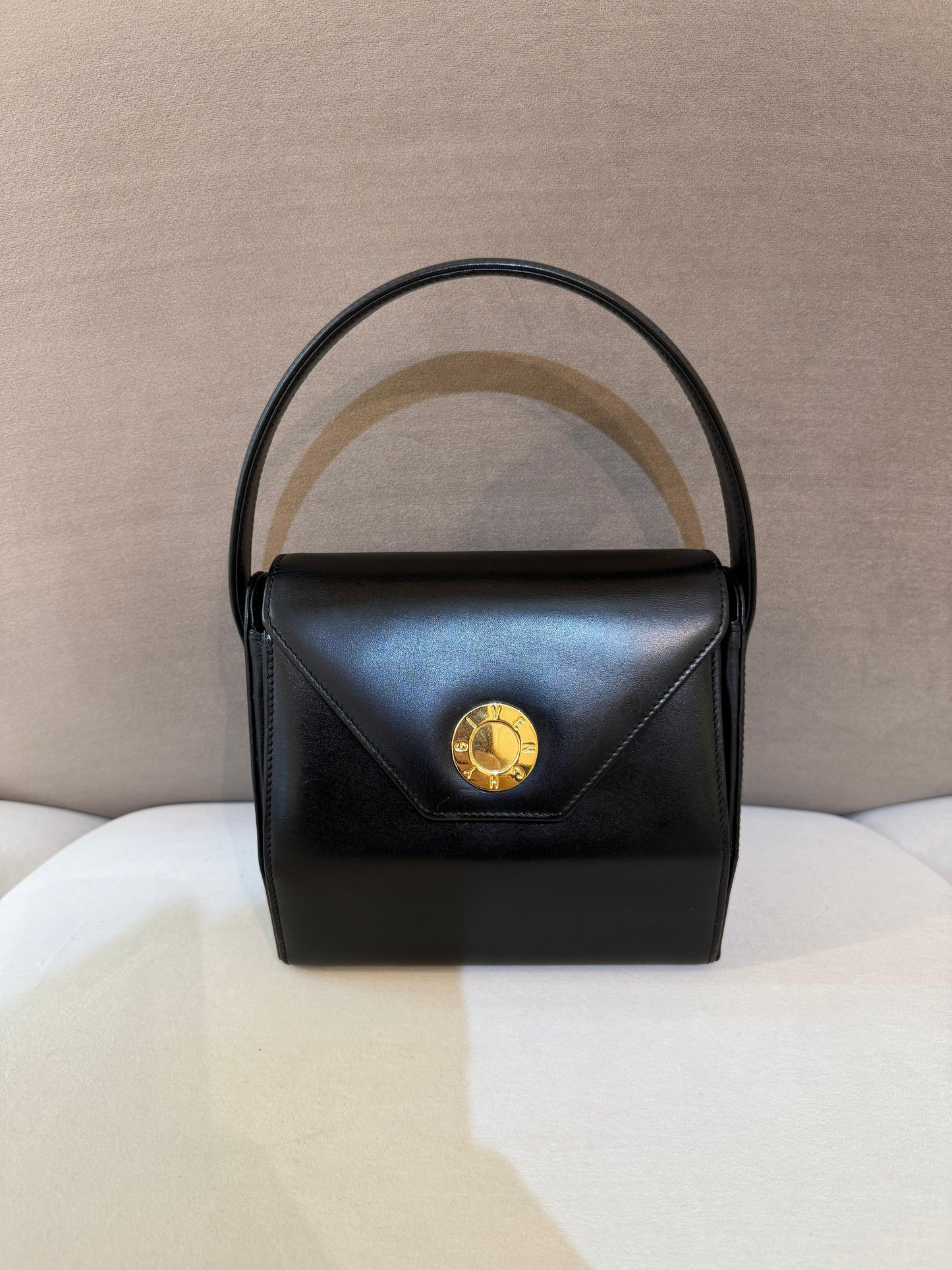 Givenchy Vintage Black Leather Gold Medallion Top Handle Bag