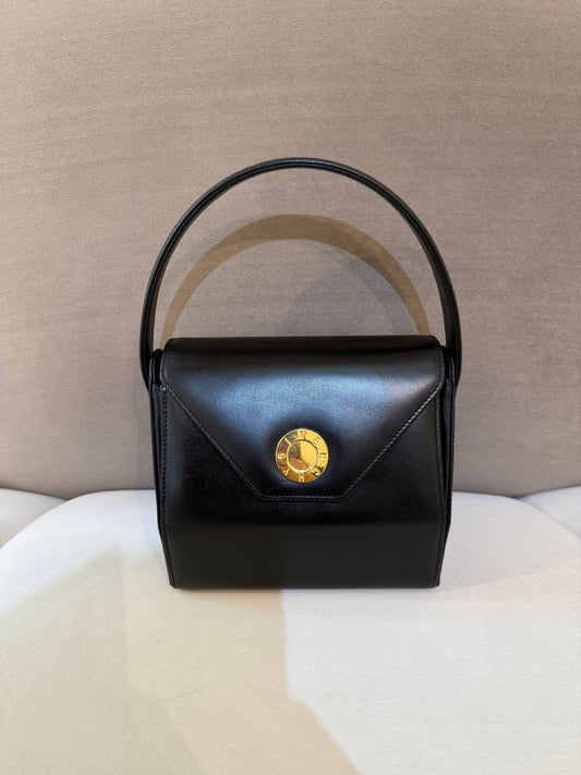 Givenchy Vintage Black Leather Gold Medallion Top Handle Bag