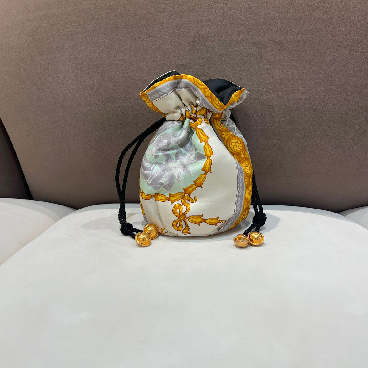 Celine Vintage Ivory Gold Silk Scarf Drawstring Pouch