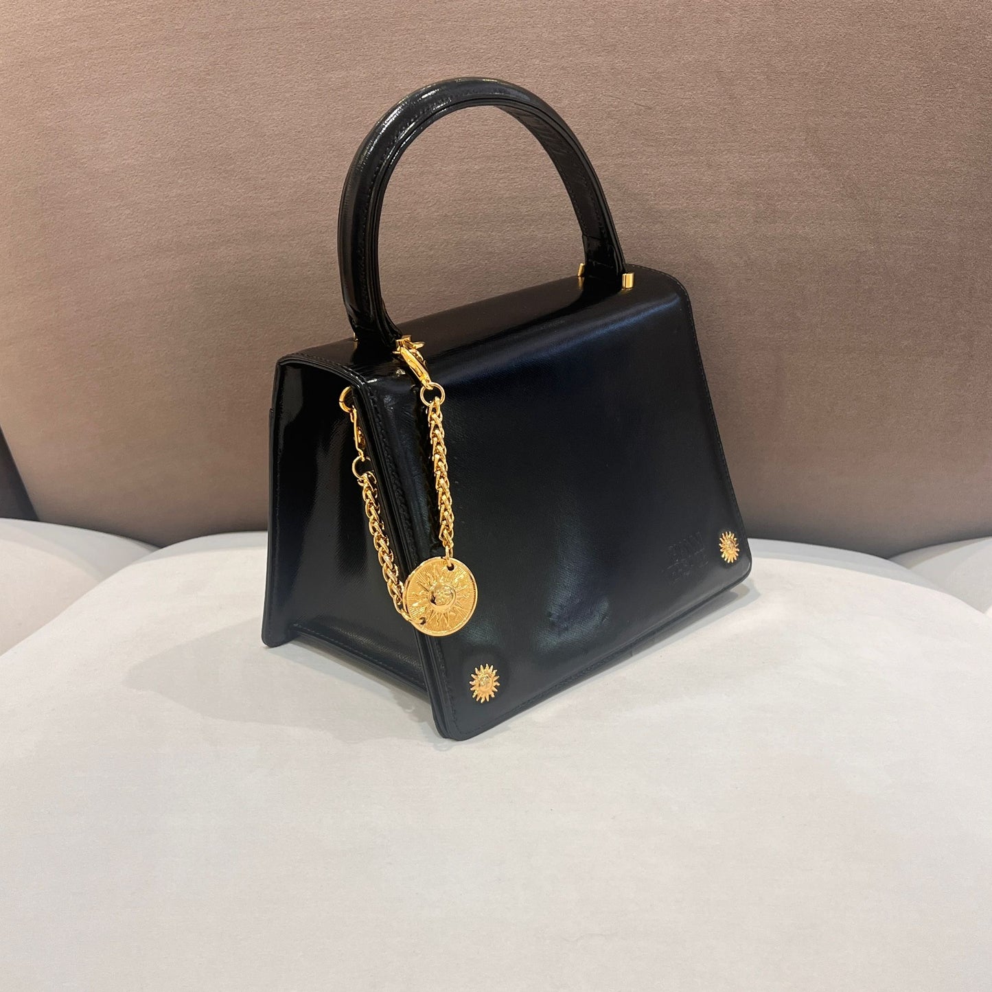 Versace Vintage Medusa Charm Black Leather Top Handle Handbag