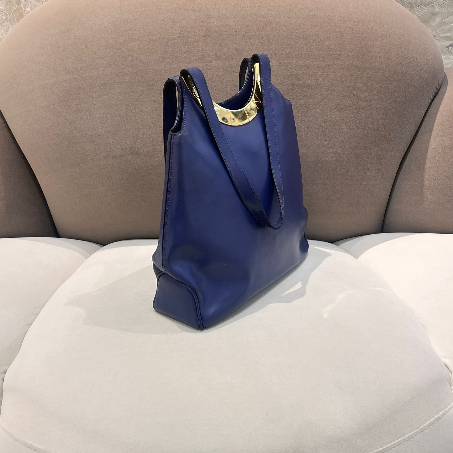 Celine Vintage Blue Leather Circle Logo Tote Bag