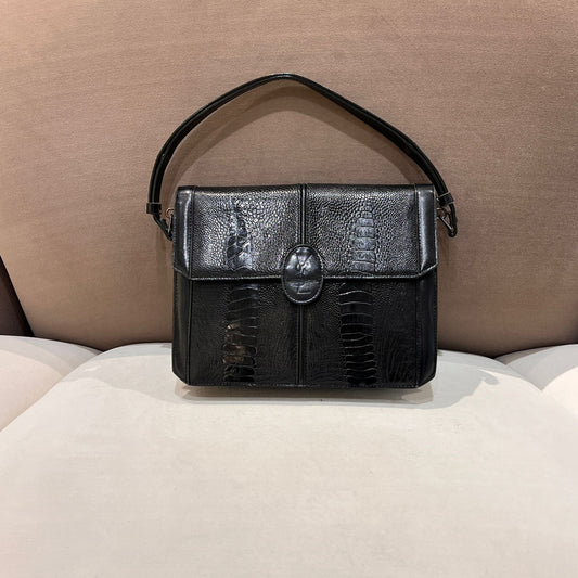 Yves Saint Laurent Vintage Crocodile-Embossed Black Leather Shoulder Bag