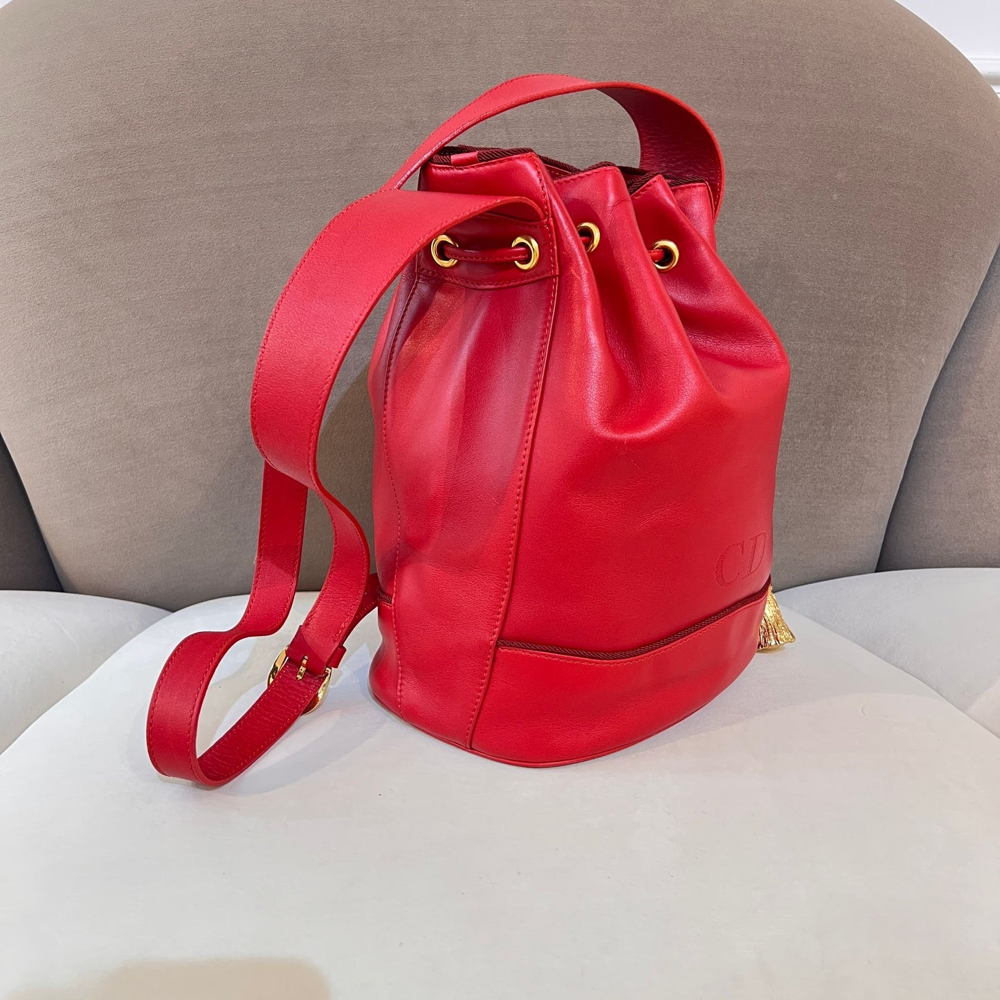 Christian Dior Vintage Red Leather Drawstring Shoulder Bag With Tassel