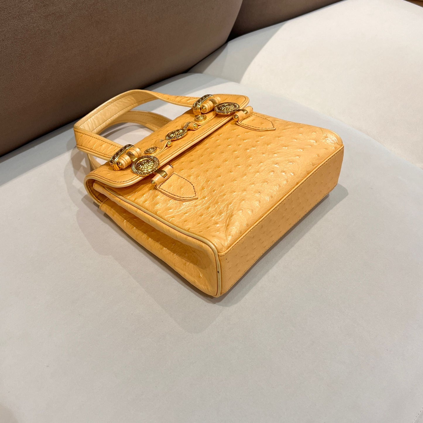 Versace Vintage Ostrich Embossed Cream Leather Mini Handbag