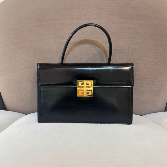 Givenchy Vintage 4G Logo Structured Black Leather Top Handle Bag