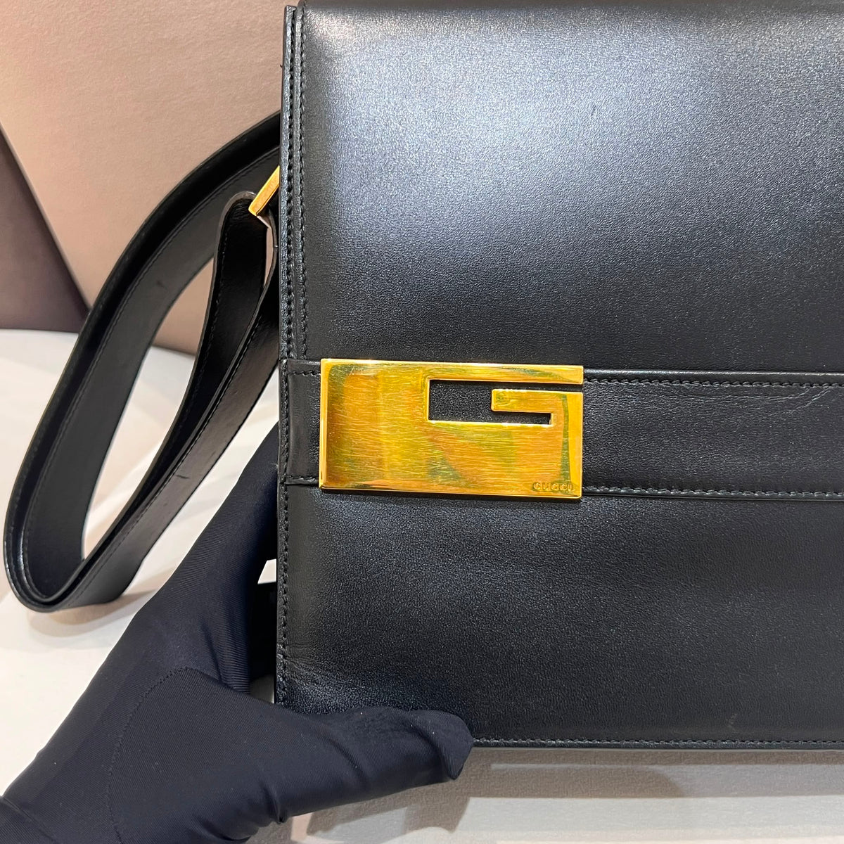 Gucci Vintage Black Leather G-Square Shoulder Bag