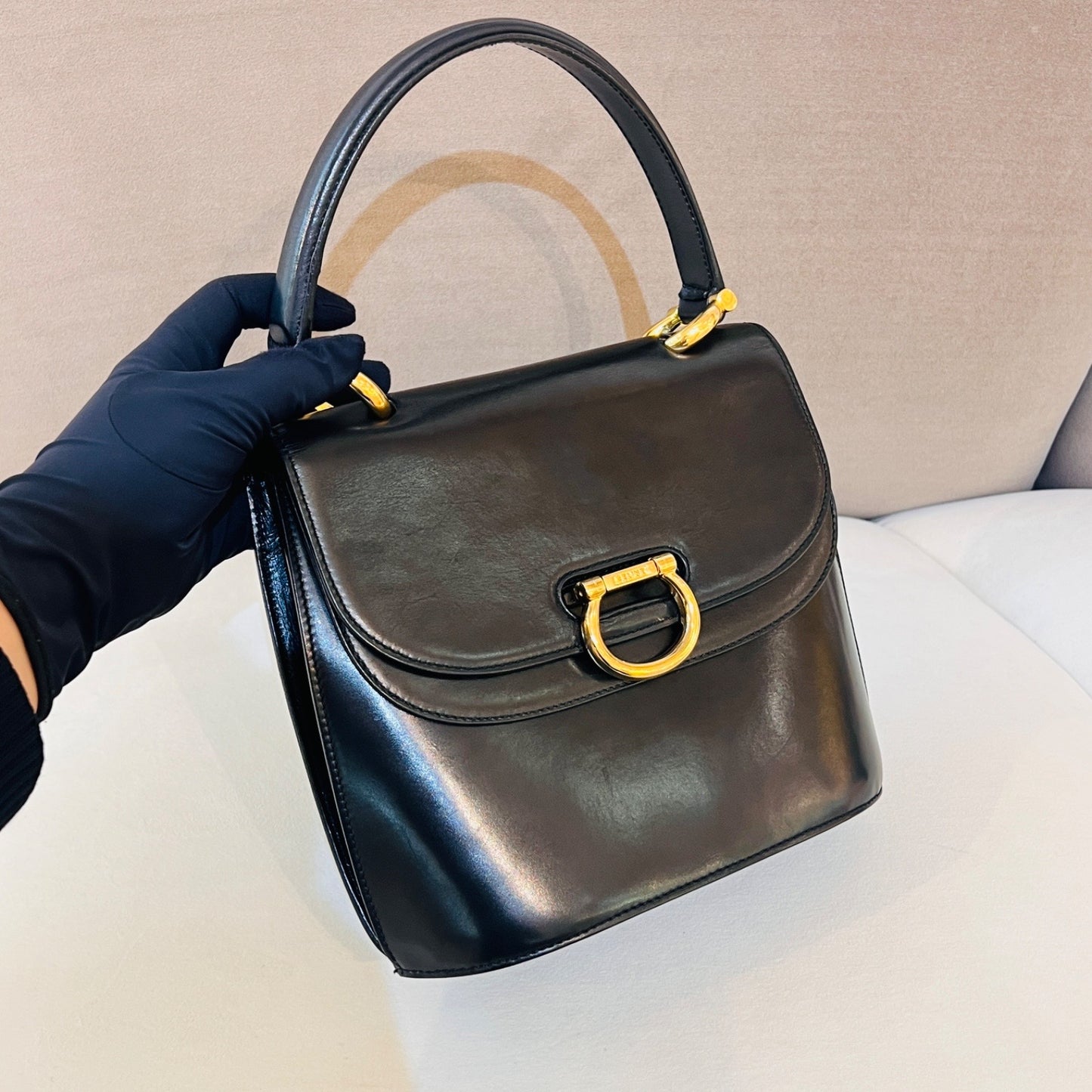 Celine Vintage Black Leather Gancini Closure Top Handle Bag