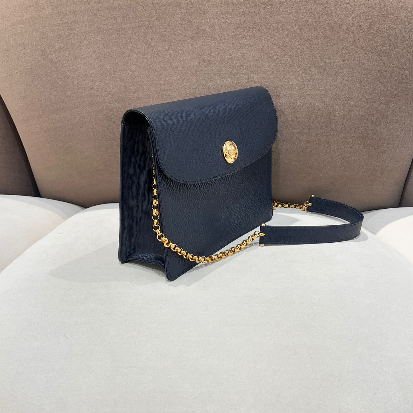 Chloé Vintage Navy Leather Gold Logo Shoulder Bag