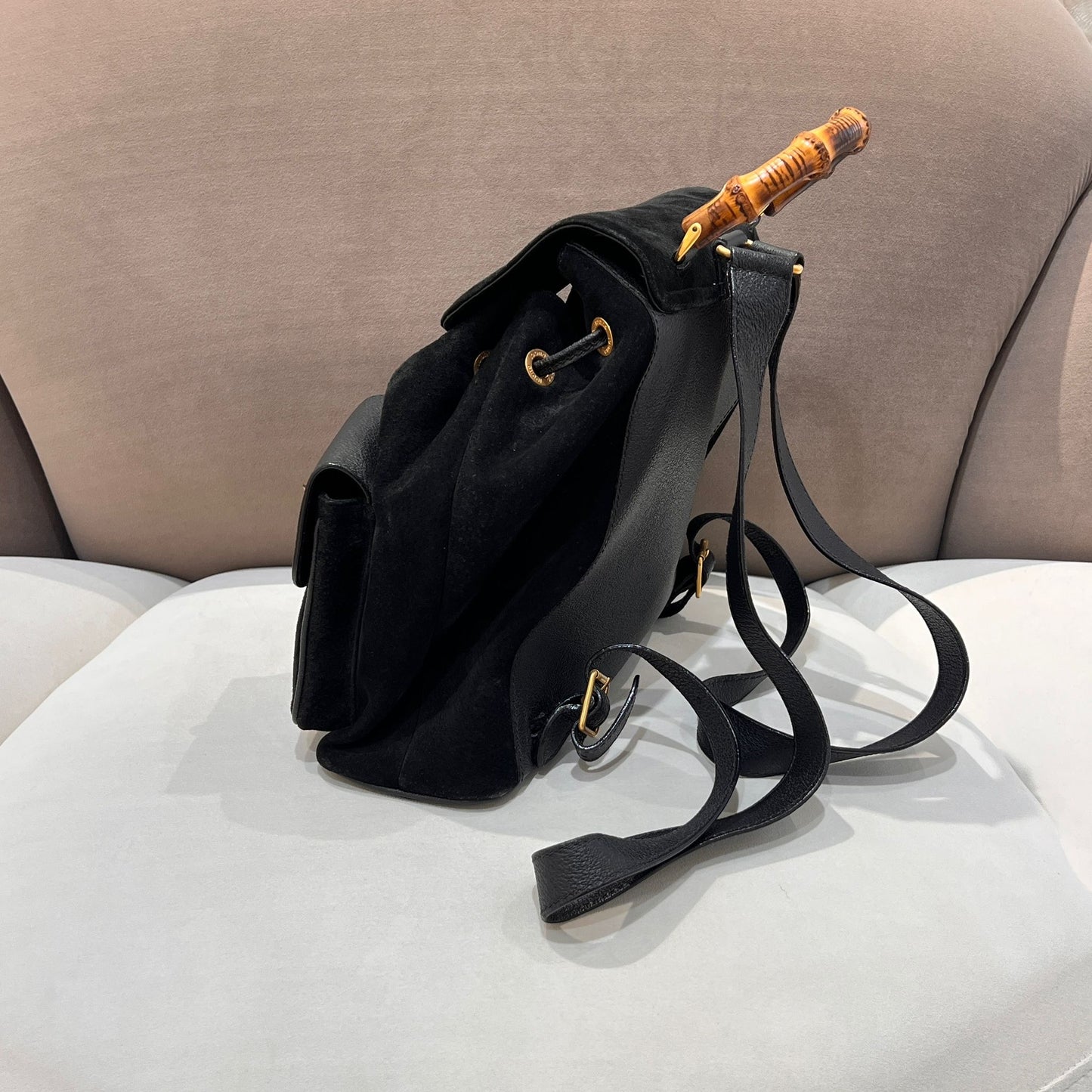Gucci Vintage Black Suede Bamboo Backpack
