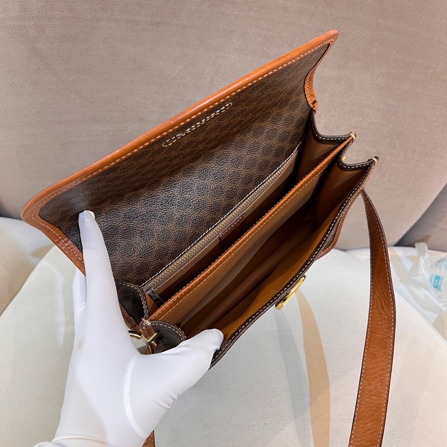 Celine Vintage Macadam Brown Canvas Shoulder Bag With Gold Hardware