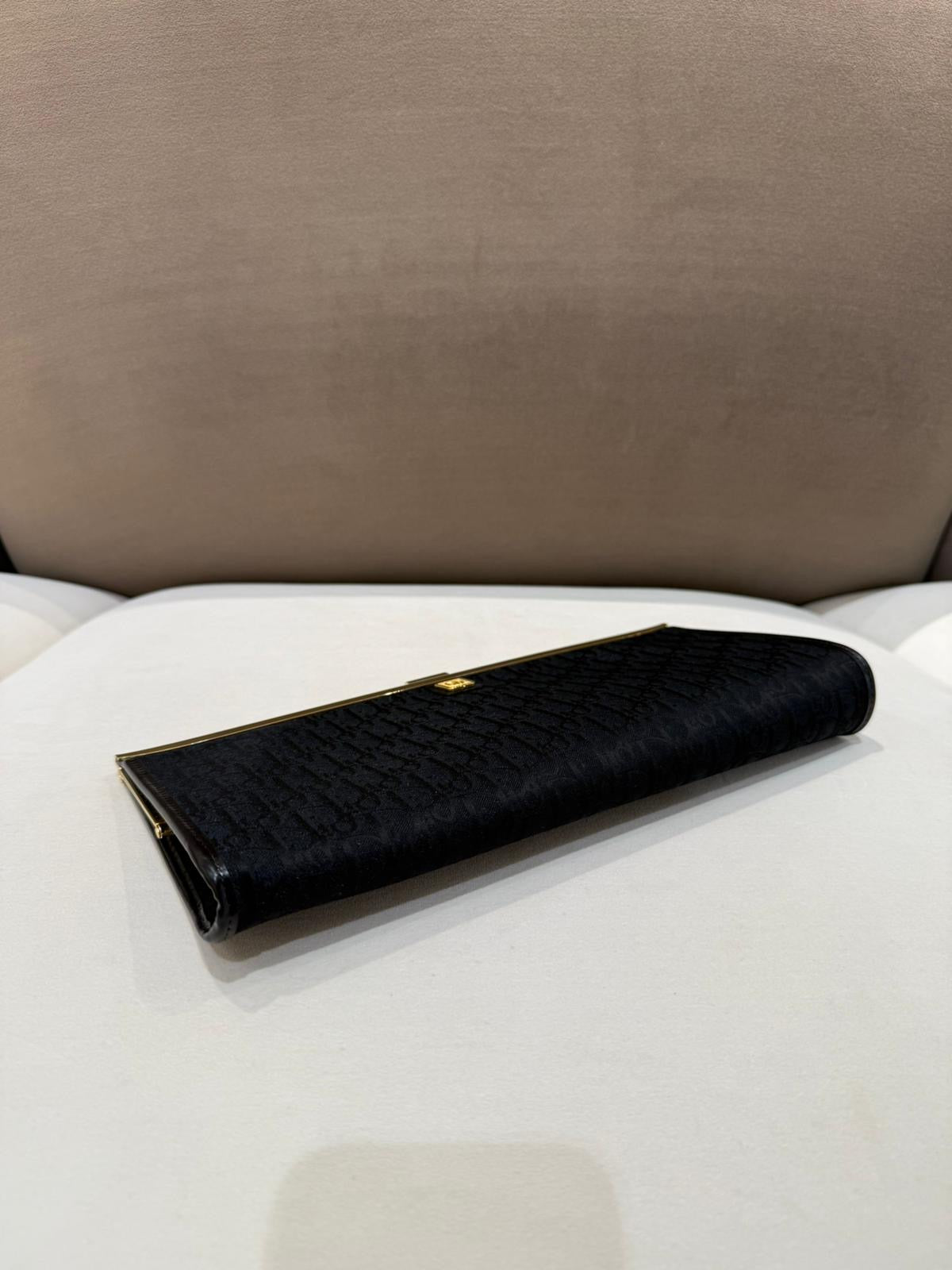 Christian Dior Vintage Trotter Logo Black Canvas Gold Clasp Clutch Bag