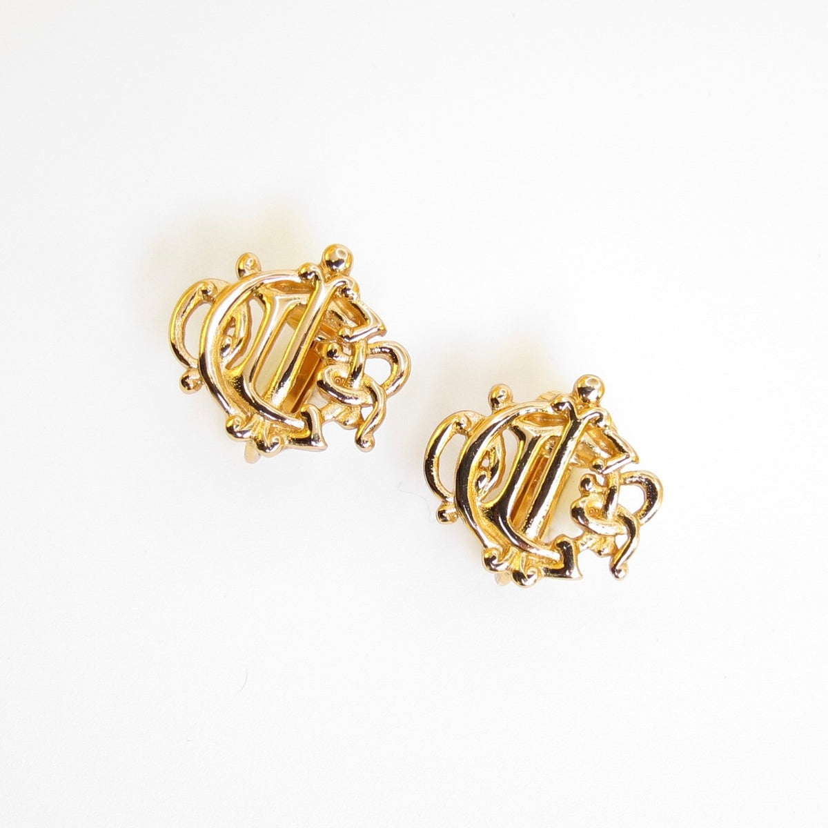 Christian Dior Vintage Ornate CD Monogram Gold-Tone Clip-On Earrings