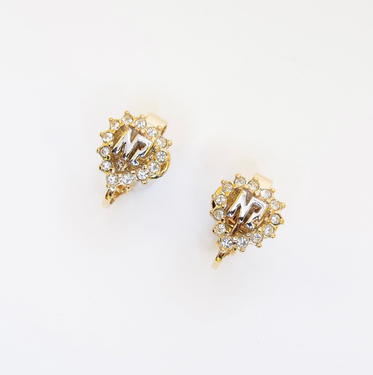 Nina Ricci Vintage NR Logo in Teardrop Shaped with Rhinestone Golden Clip-on Earrings