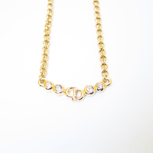 Christian Dior Vintage CD Logo and Rhinestone Golden Necklace