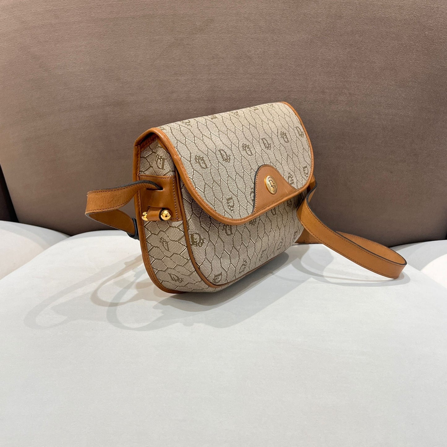 Christian Dior Vintage Honeycomb Monogram Canvas Beige Crossbody Shoulder Bag