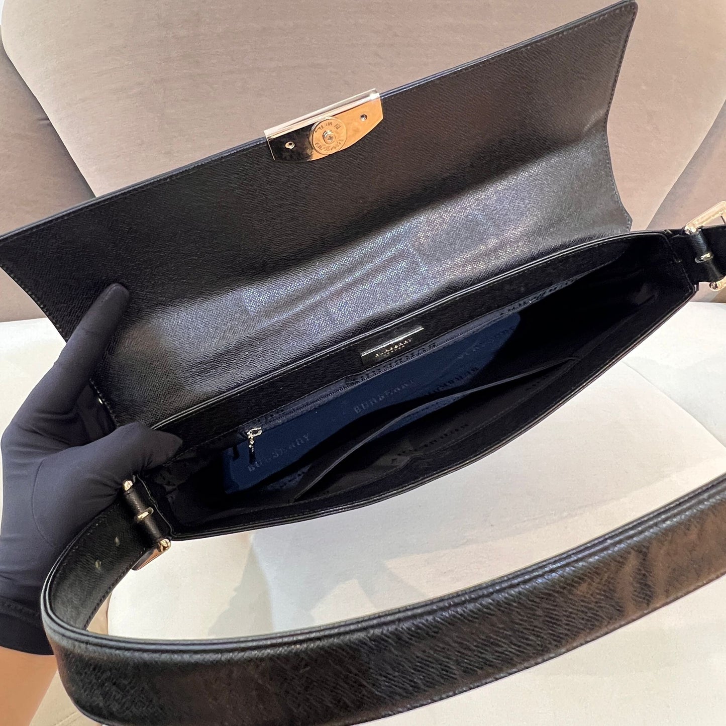 Burberry Vintage Embossed Check Black Leather Shoulder Bag