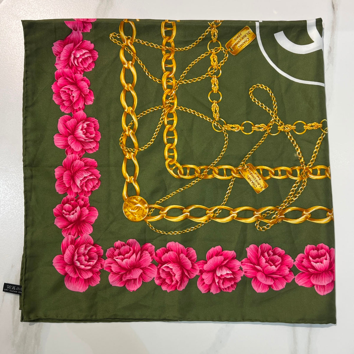 Chanel Vintage CC Logo Olive Green Chain Rose Floral Silk Scarf