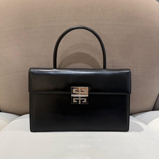 Givenchy Vintage Black Leather 4G Metal Clasp Structured Top Handle Bag