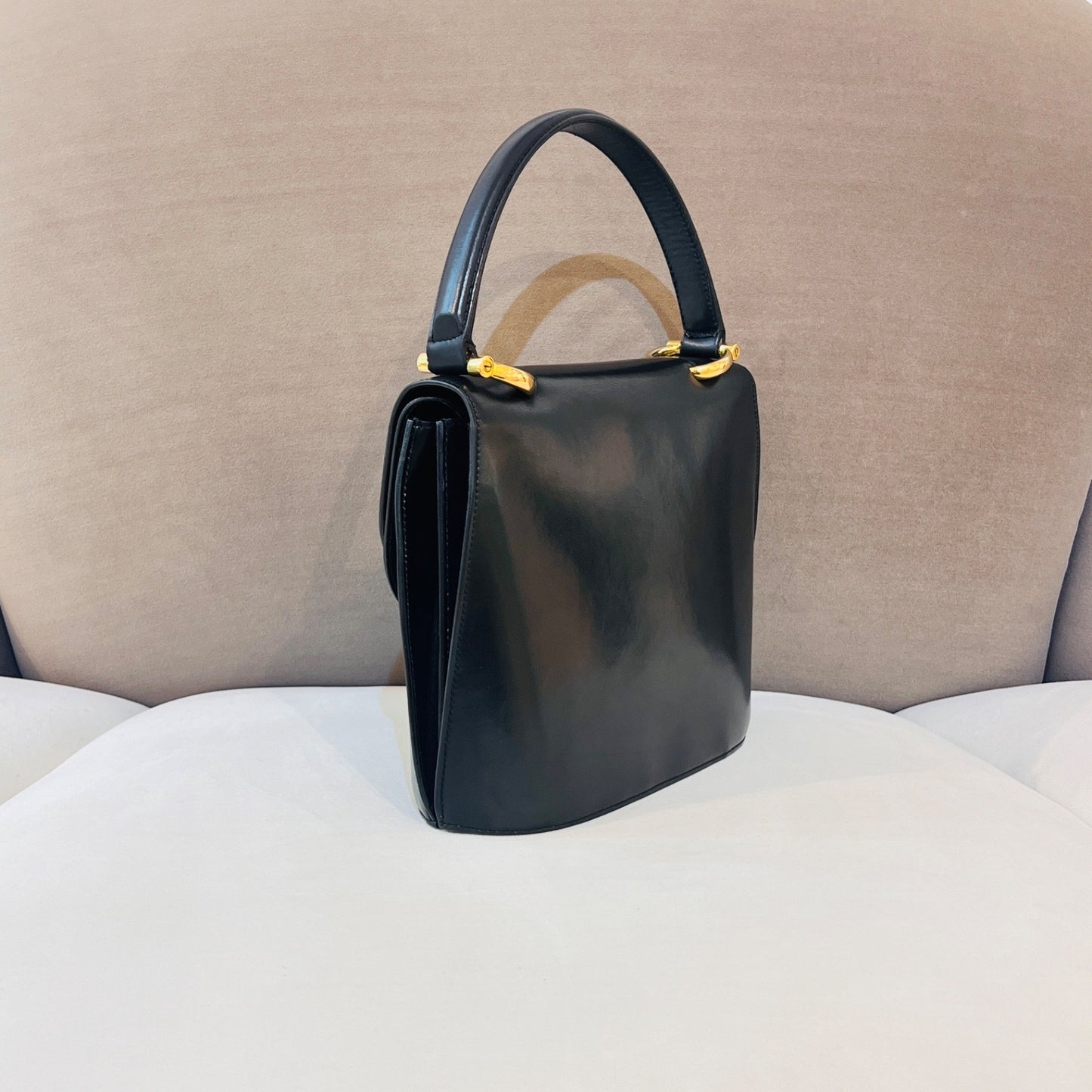 Celine Vintage Black Leather Gancini Closure Top Handle Bag