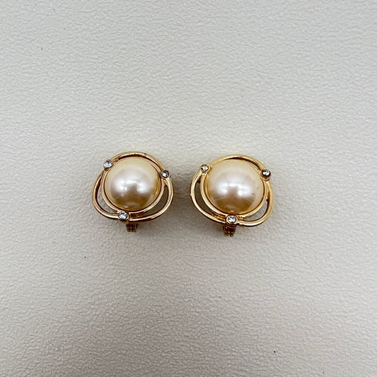 Monet Vintage Pearl and Rhinestone Golden Clip-on Earrings