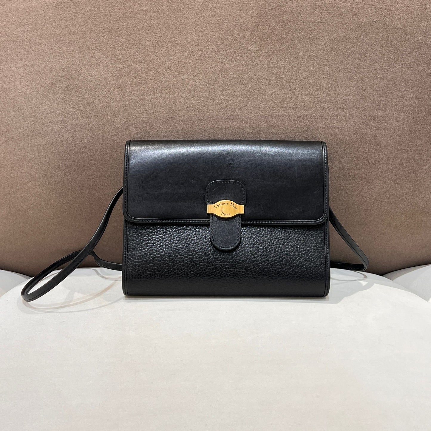Christian Dior Vintage Black Leather Shoulder Bag With Gold-Tone Heritage Clasp