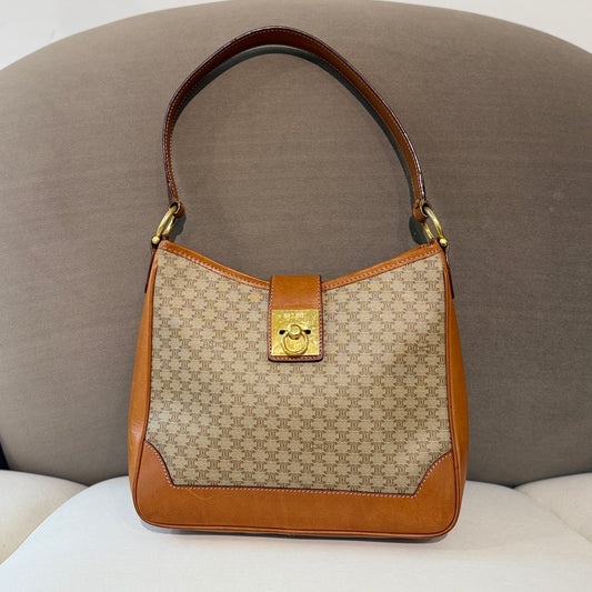 Celine Golden Gancini Buckle  Macadam Shoulder Bag With Brown Leather Trim