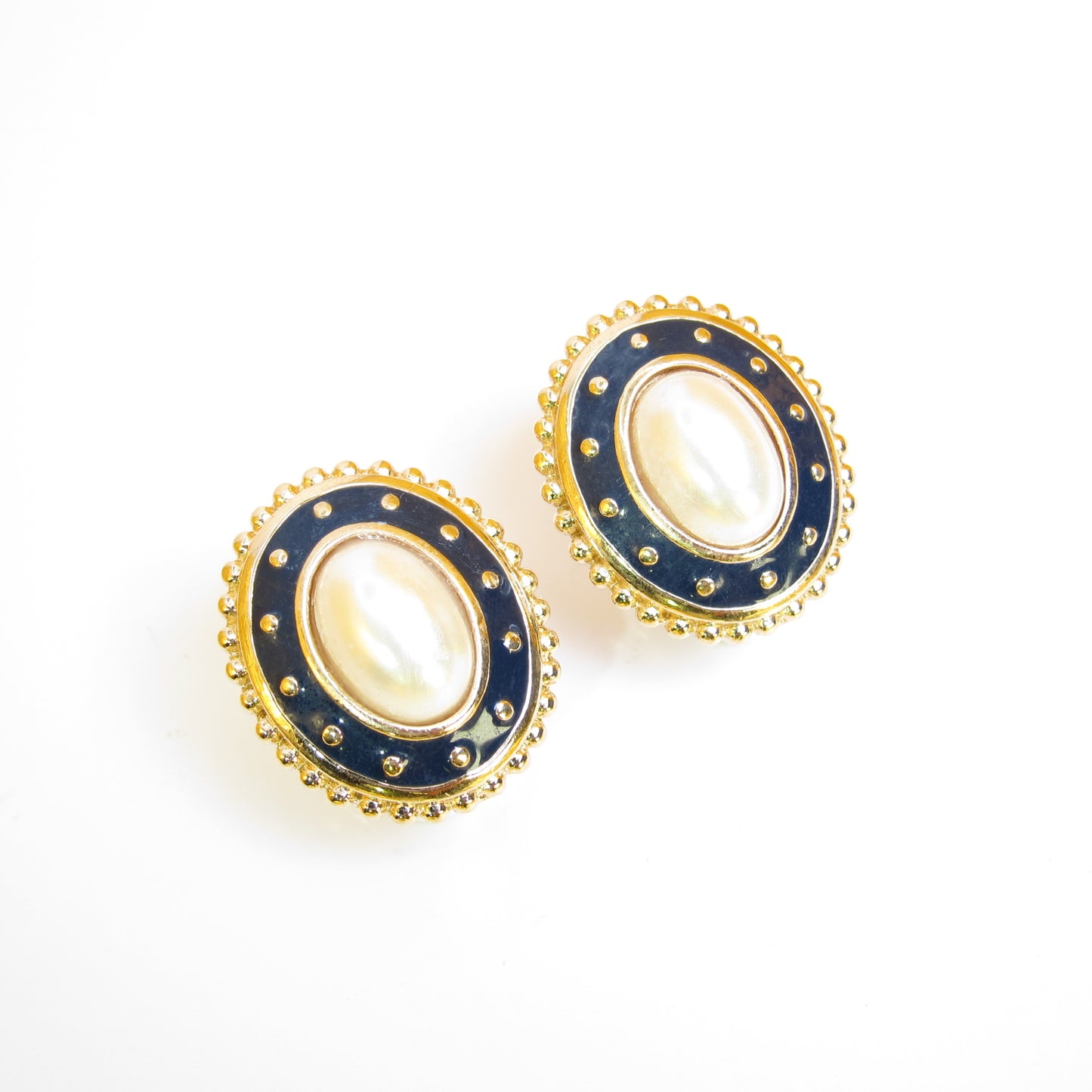 Burberry Vintage Oval Pearl and Dark Blue Golden Clip-on Earrings