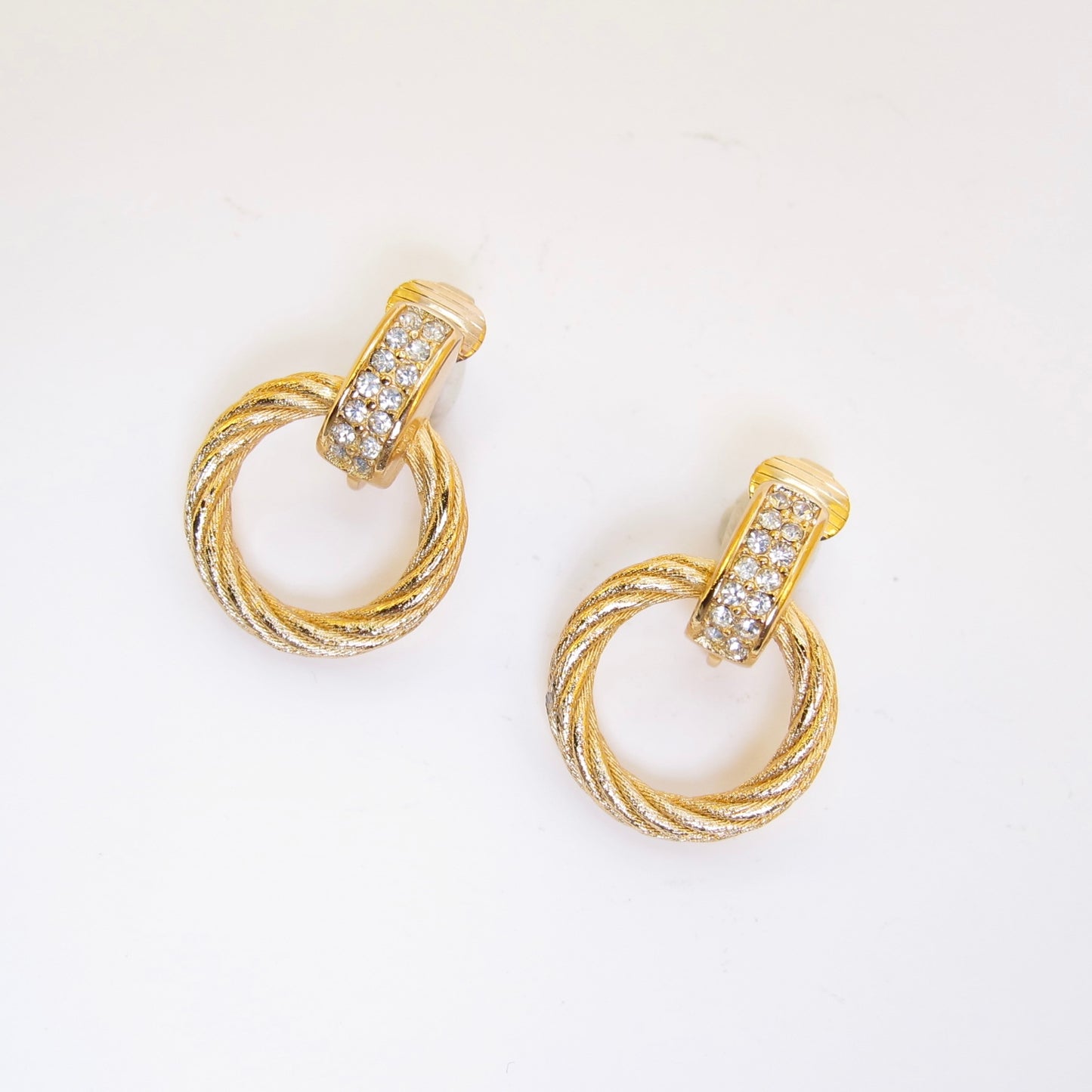 Christian Dior Vintage Twisted Circle and Rhinestone Golden Clip-on Earrings