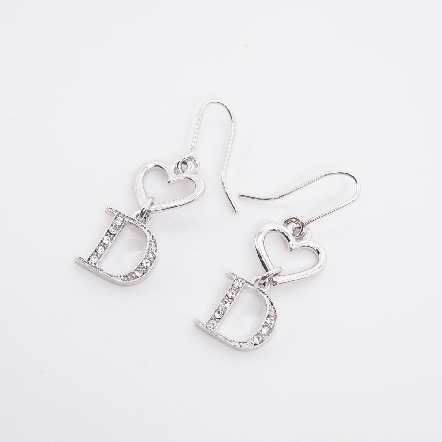 Christian Dior Vintage Heart and D Logo with Rhinestone Silver Drop Earrings