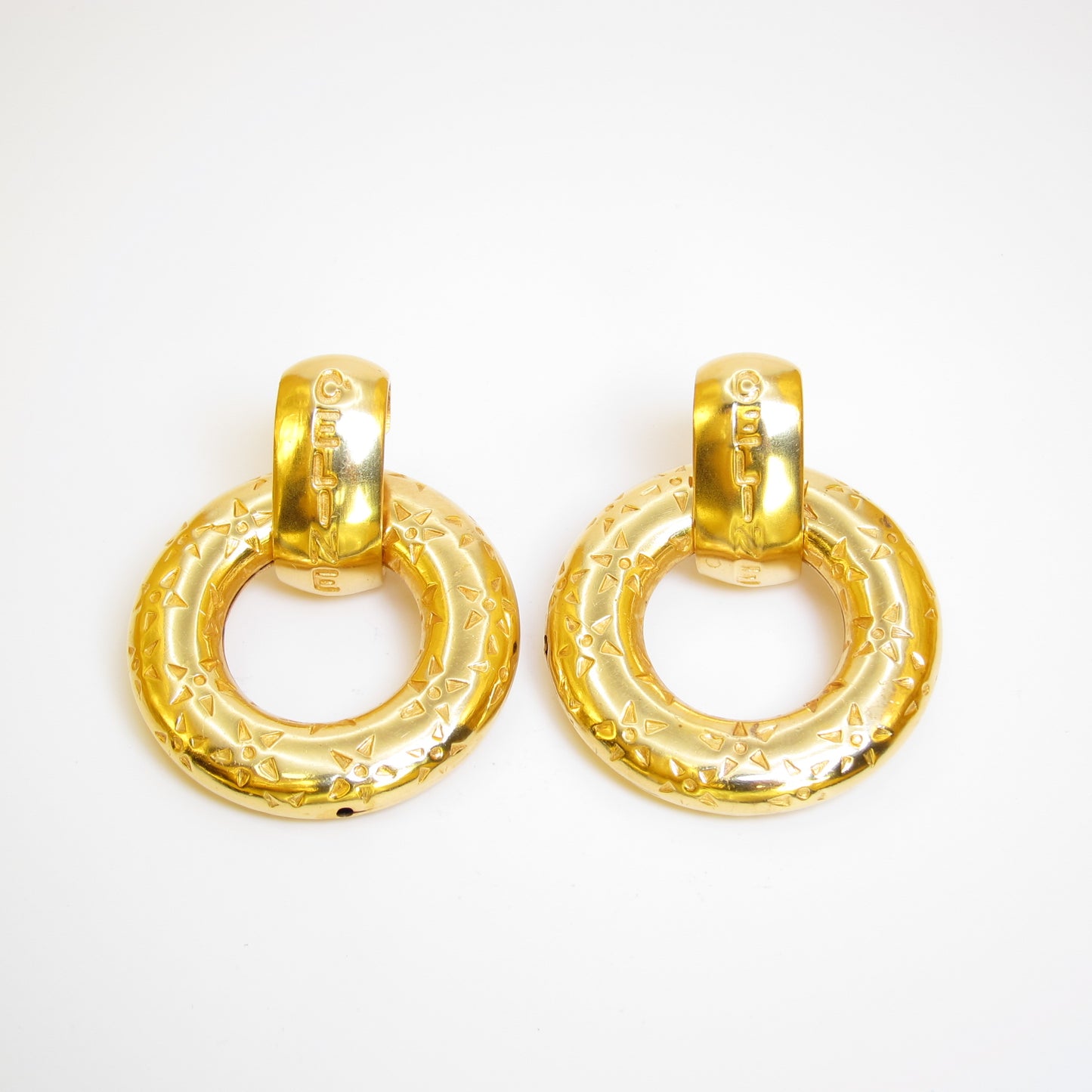 Celine Vintage Celine Logo and Circle with Star Golden Clip-on Earrings