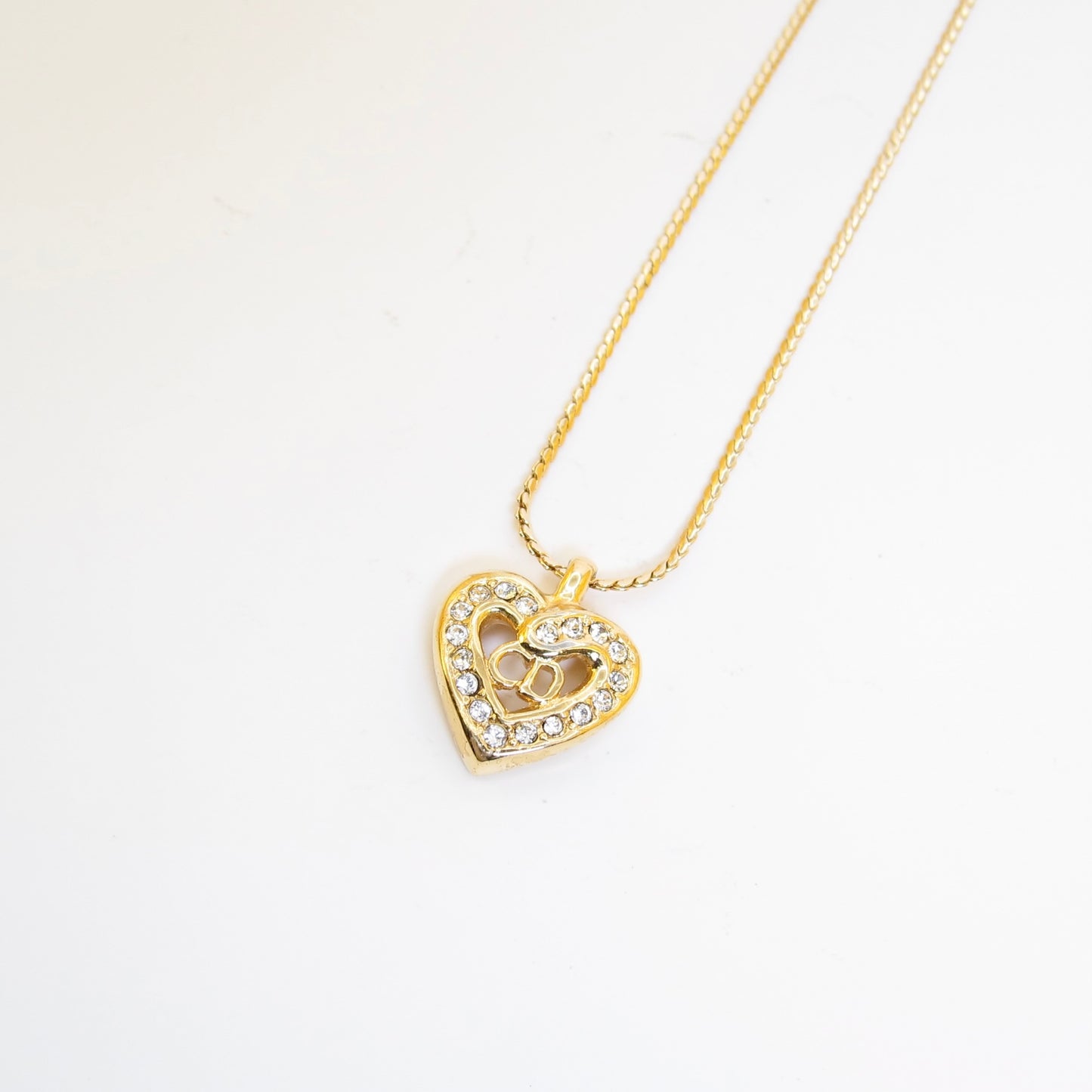 Christian Dior Vintage CD Logo in Heart with Rhinestone Golden Necklace