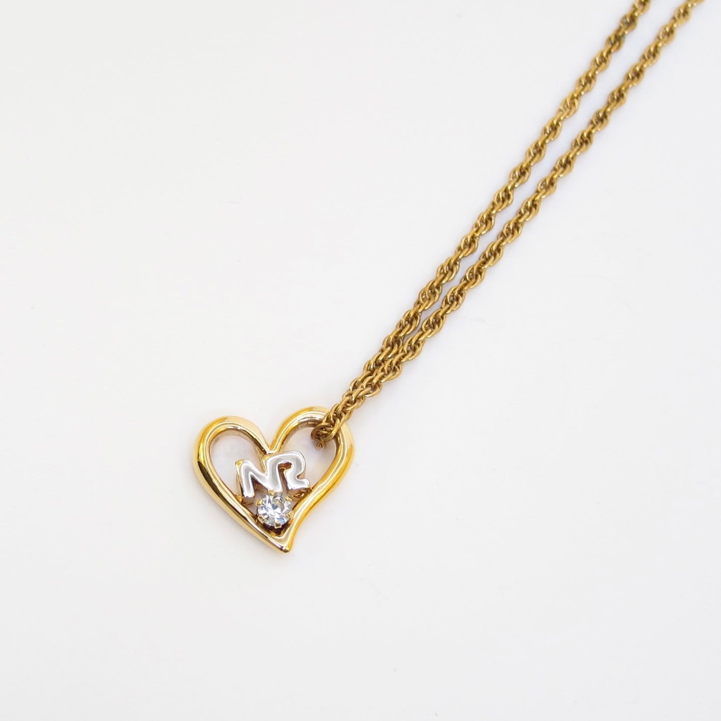 Nina Ricci Vintage NR Logo in Heart with Single Rhinestone Golden Necklace