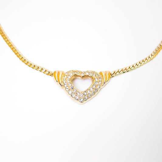 Christian Dior Vintage Heart Motif with Rhinestone Golden Necklace
