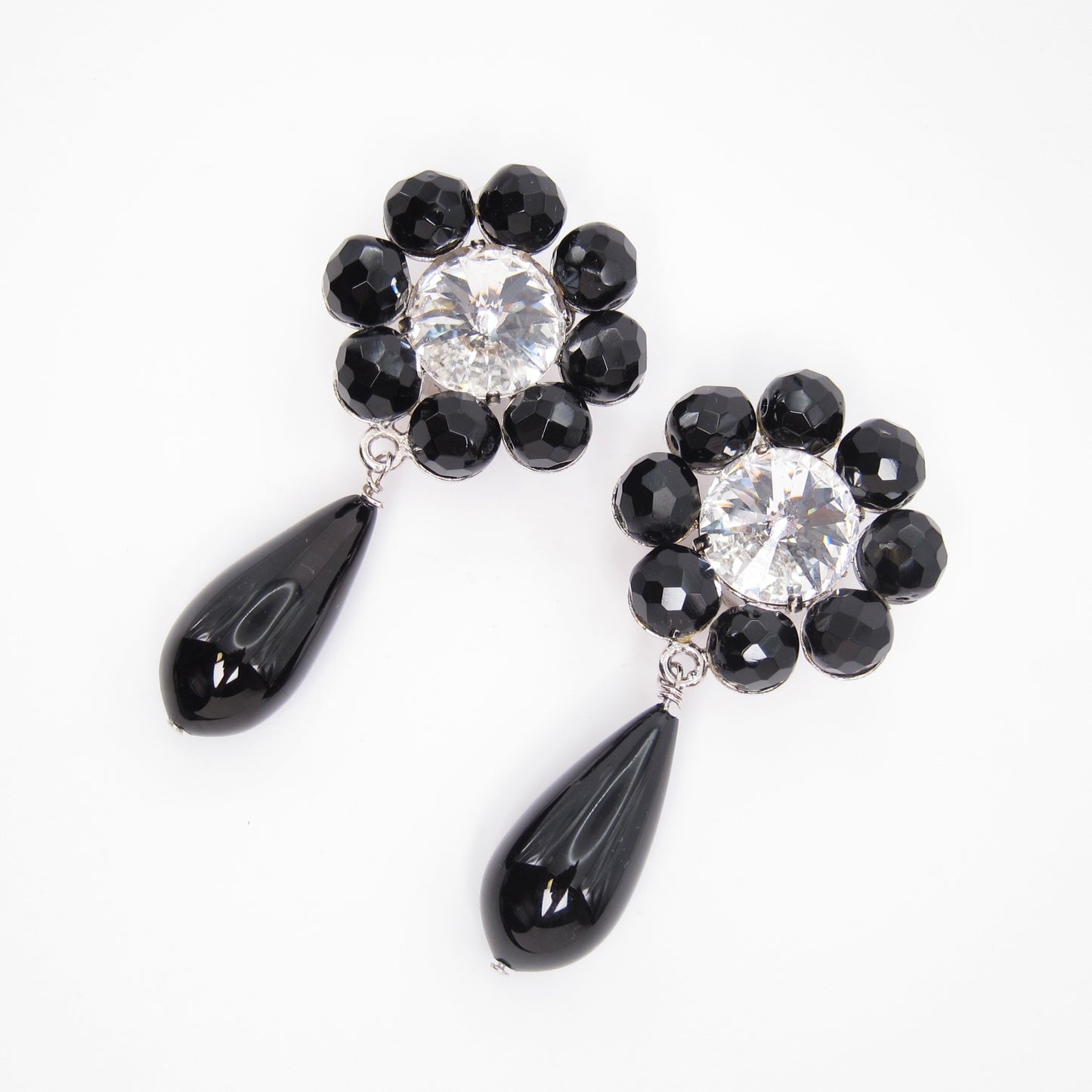 Celine Vintage Flower Motif Black Stone and Rhinestone Clip-on Earrings