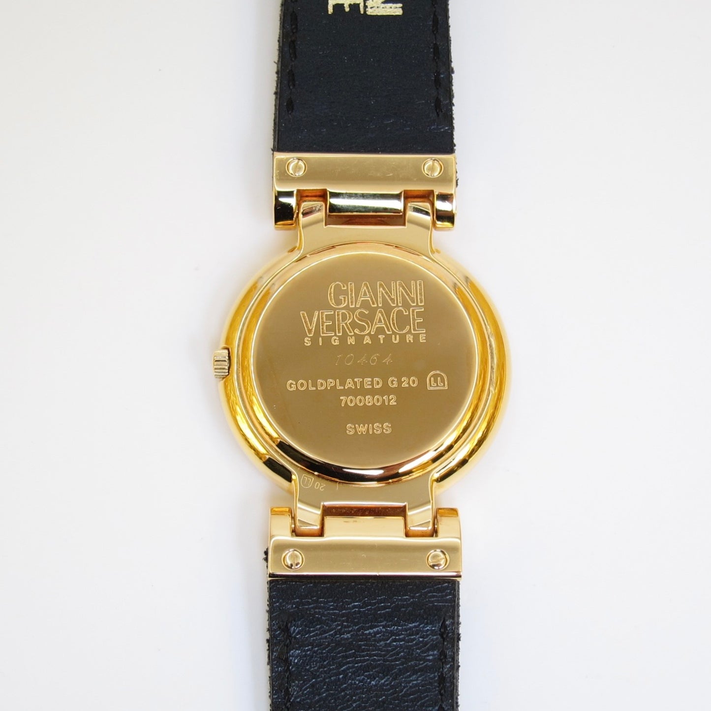 Versace Vintage Round Black Face with Medusa Coin and Leather Strap Golden Watch