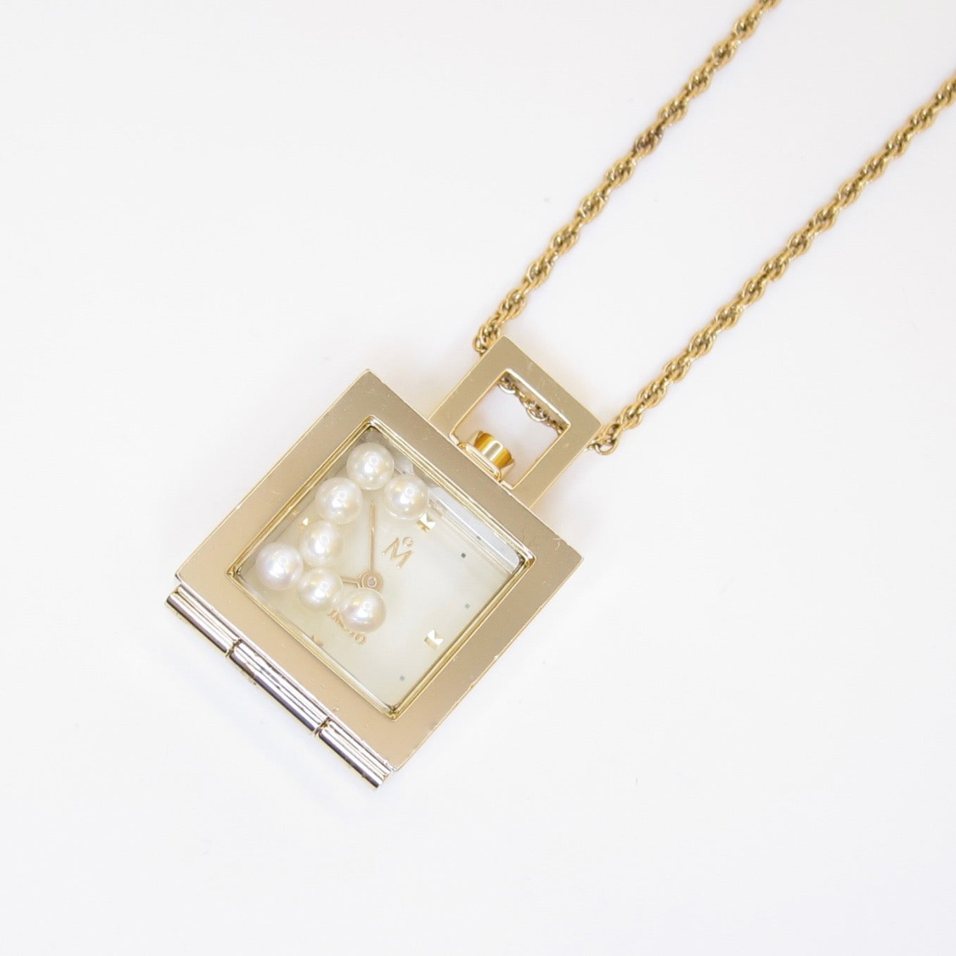 Mikimoto Vintage Square Ivory Face Golden Pendant Watch with Pearl Box and Necklace