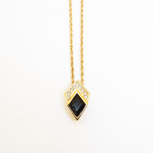 Christian Dior Vintage Rhombus Black and Rhinestone Golden Necklace