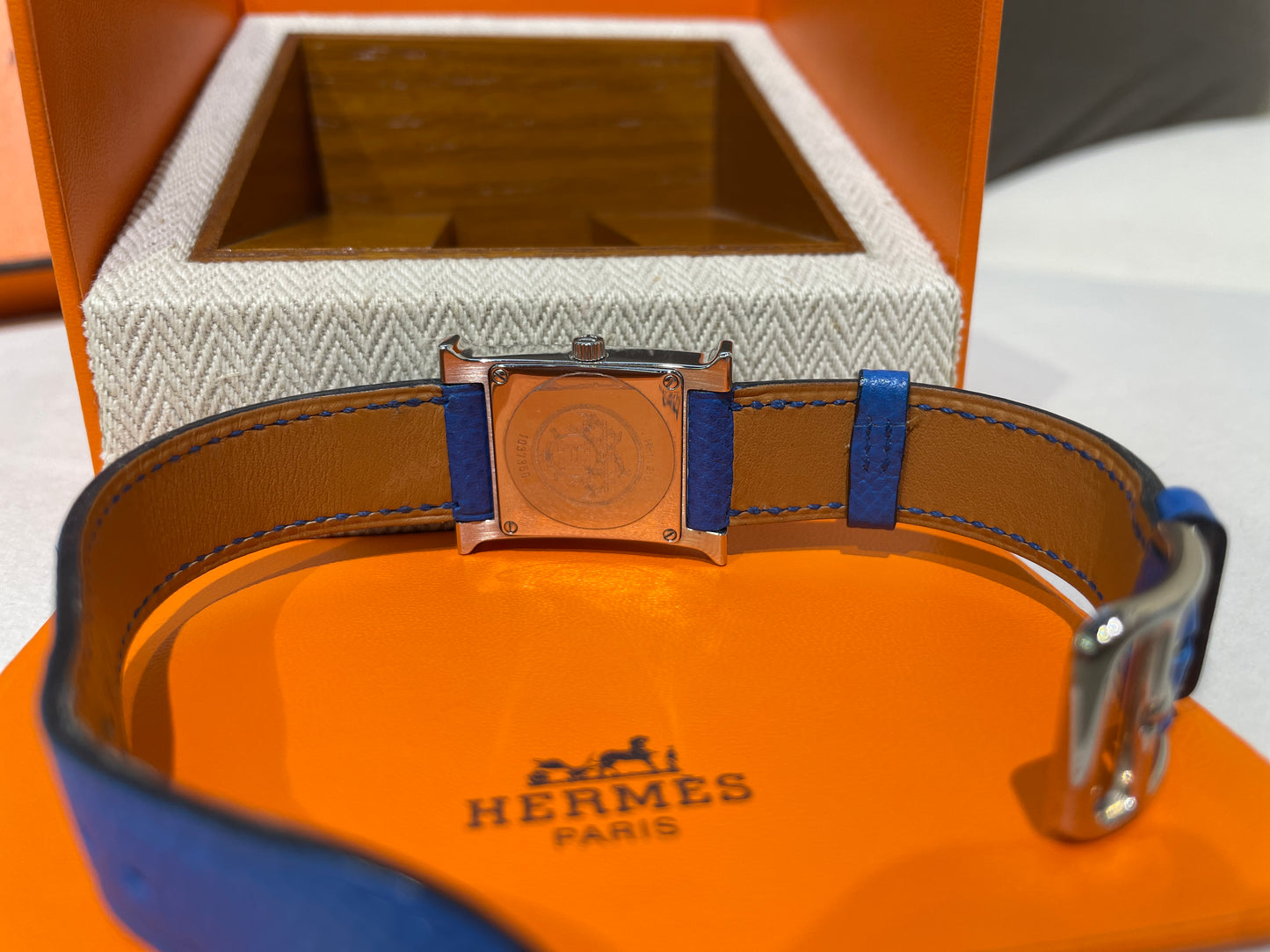 Hermes Vintage Blue Face Stainless Steel H Watch With Blue Leather Strap
Product Of 1997
With Original Box