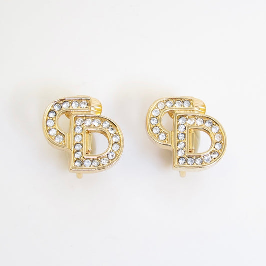 Christian Dior Vintage CD Logo with Rhinestone Golden Clip-on Earrings